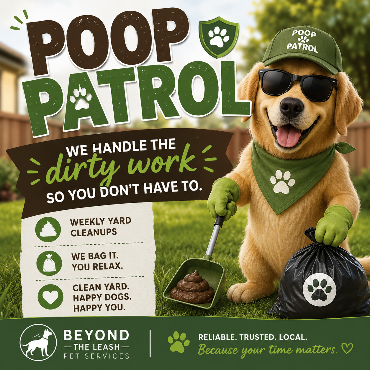 Poop Patrol mascot — we handle the dirty work so you don't have to